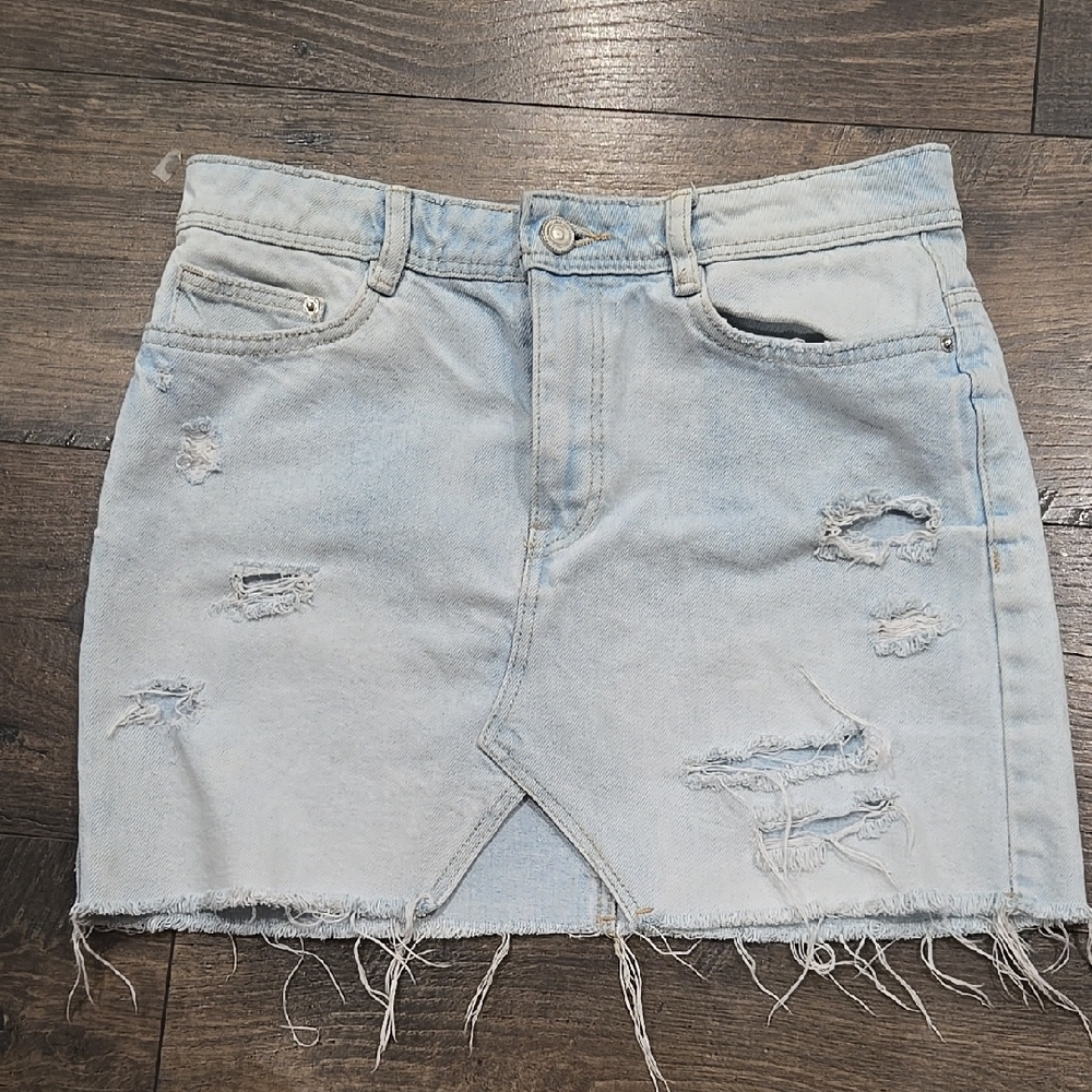 Zara Distressed Light Blue Denim Skirt